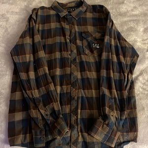 Fox Men's Casual Button Down Shirt - Blue and Brown Plaid
